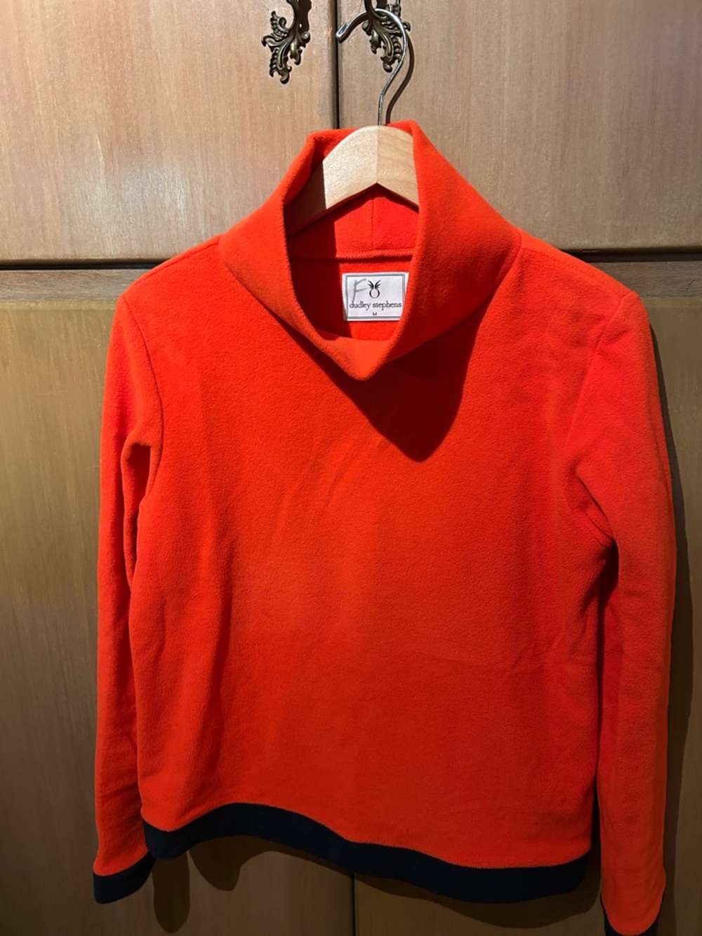 Dudley Stephens Bright Red Funnel Cowl-Neck Sweater with navy Trim